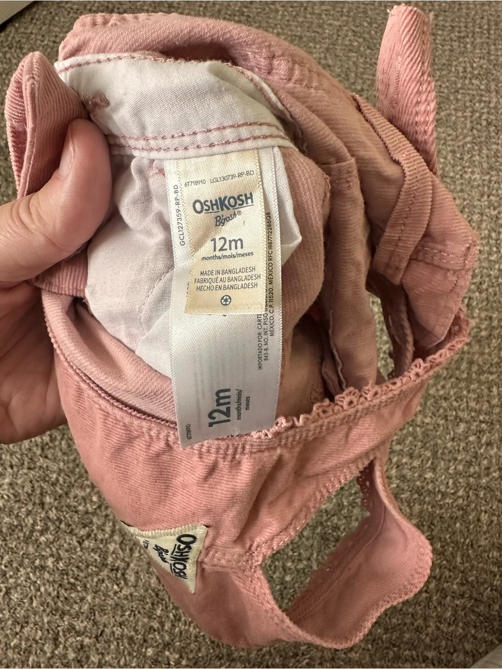 OshKosh B'gosh Dusty Pink Corduroy Overalls with Lace Trim